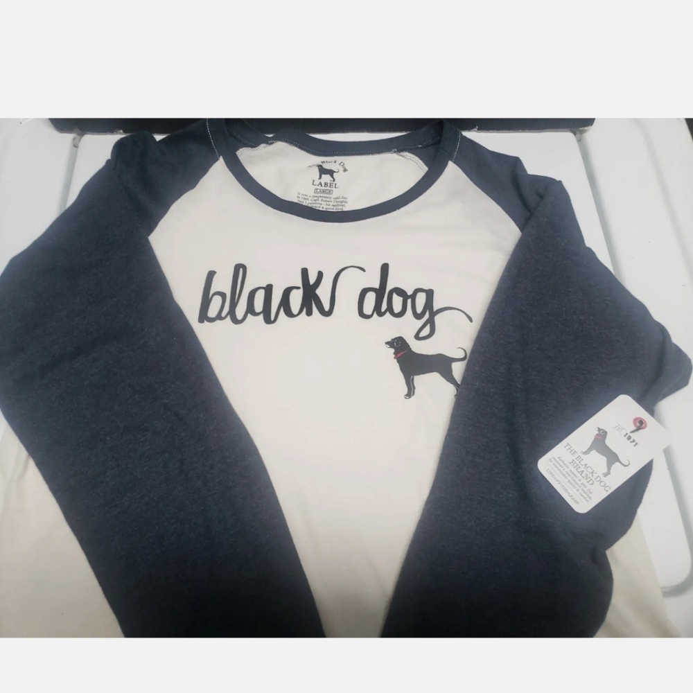 MV The Black Dog Ladies Long Sleeve Shirt Sz L Beige w Navy Baseball Crew